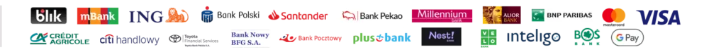 Logotypy polskich banków i systemów płatności na ciemnym tle.