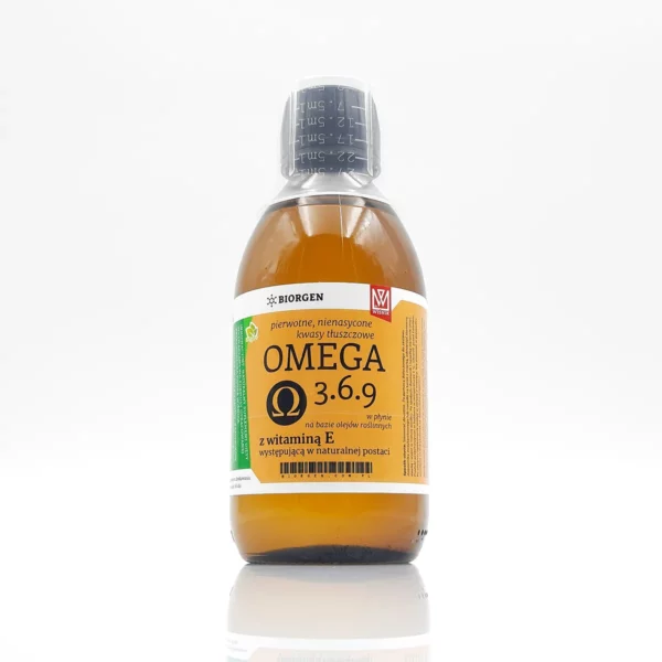 omega369 Butelka suplementu diety Omega 3.6.9 z witaminą E.